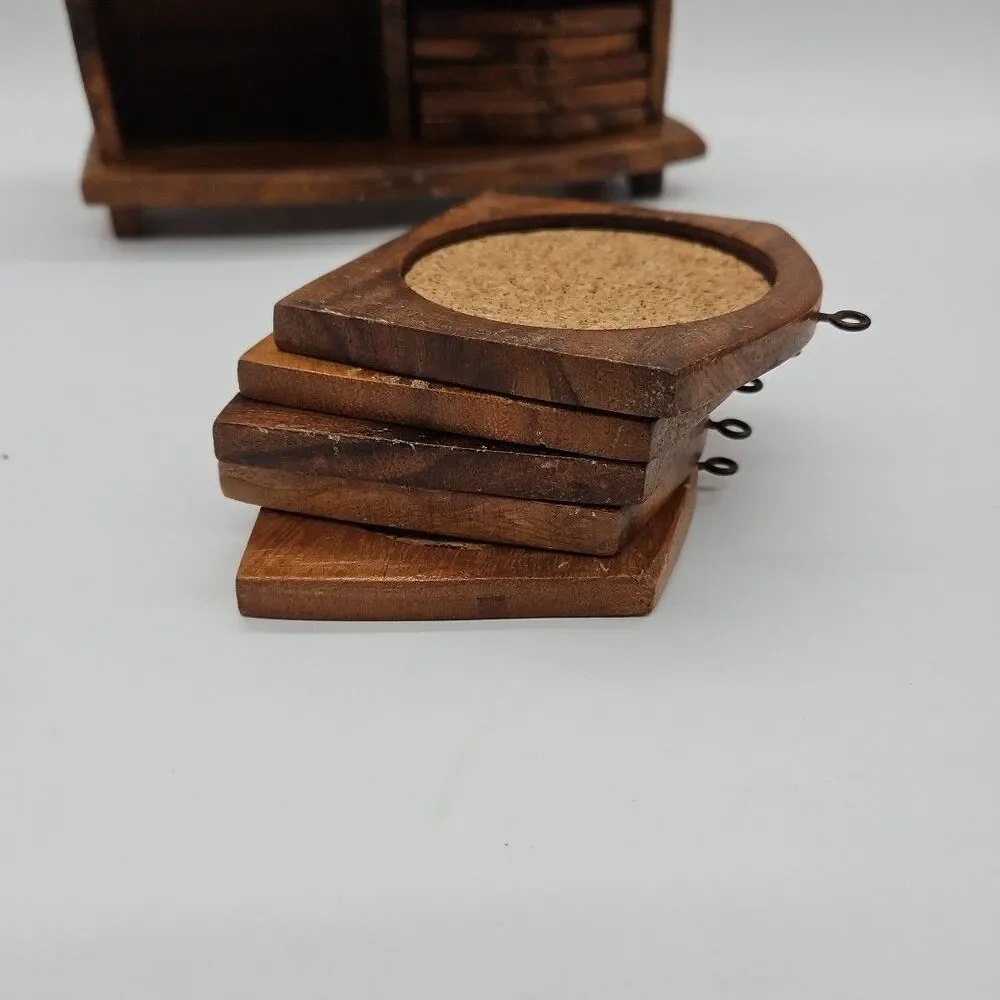 Vintage Handcarved Wooden Coaster Set of 10 Coasters In Box- Thailand
